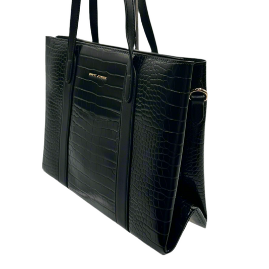 Black Leather-Look Tote Handbag with Zip Closure