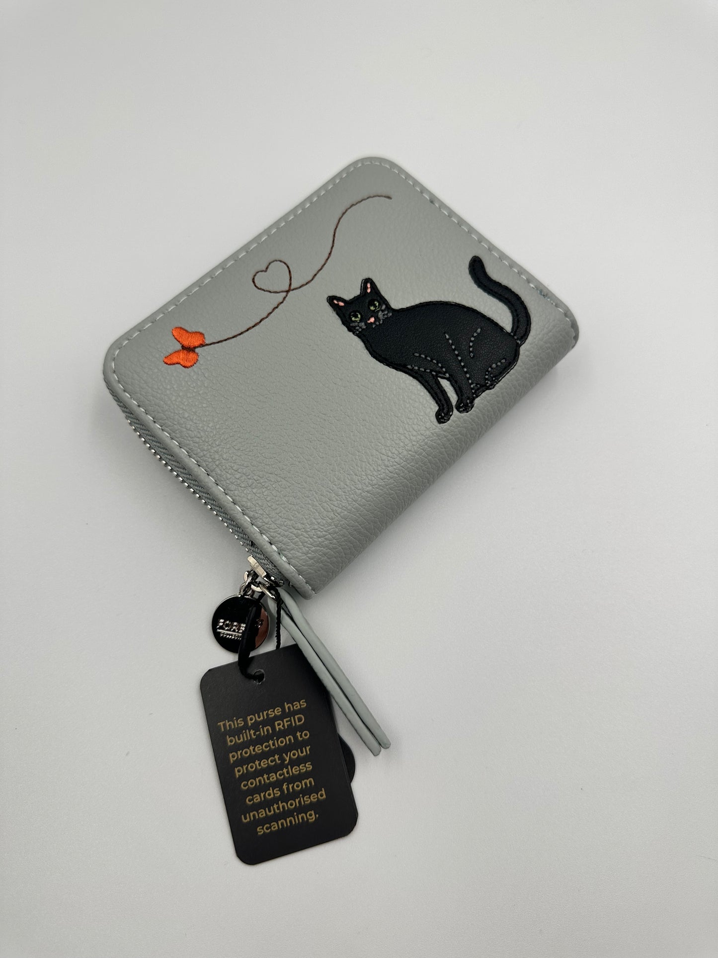 Whimsical Cat Embroidered Wallet – With RFID Protection