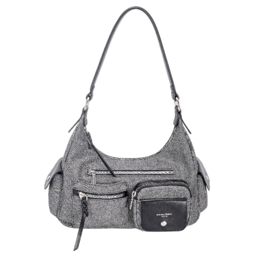 David Jones Textured Fabric & Faux Leather Multi-Pocket Shoulder Bag New