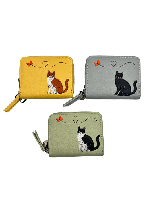 Whimsical Cat Embroidered Wallet – With RFID Protection