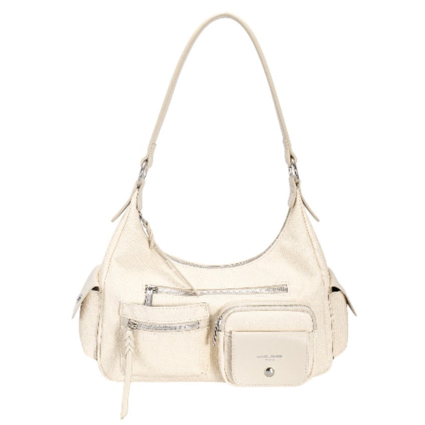 David Jones Textured Fabric & Faux Leather Multi-Pocket Shoulder Bag New
