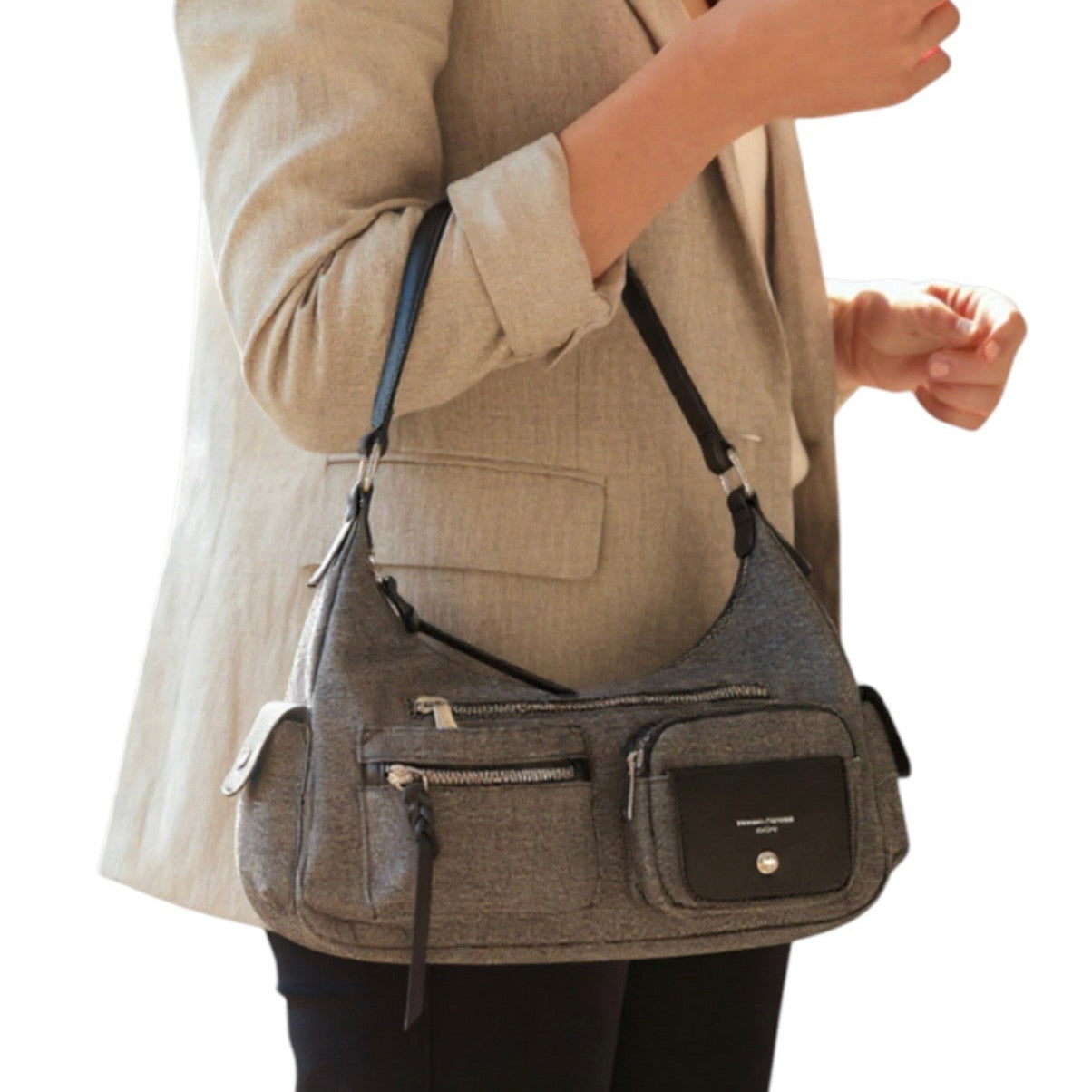 David Jones Textured Fabric & Faux Leather Multi-Pocket Shoulder Bag New