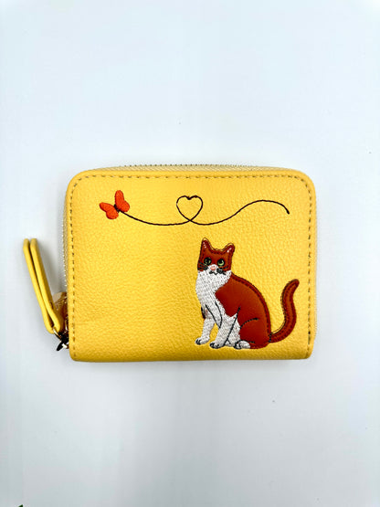 Whimsical Cat Embroidered Wallet – With RFID Protection