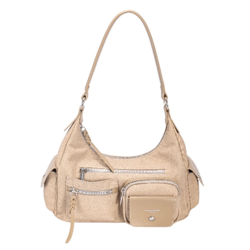 David Jones Textured Fabric & Faux Leather Multi-Pocket Shoulder Bag New