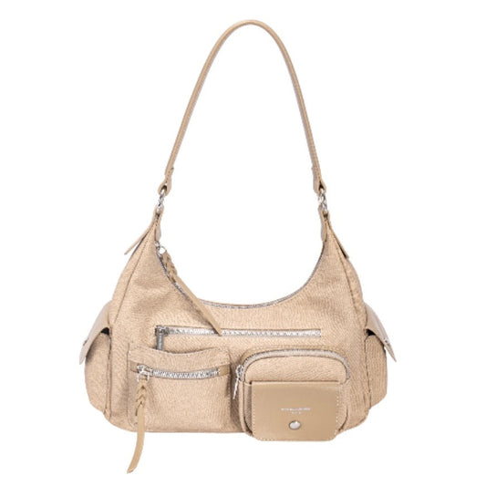 David Jones Textured Fabric & Faux Leather Multi-Pocket Shoulder Bag New